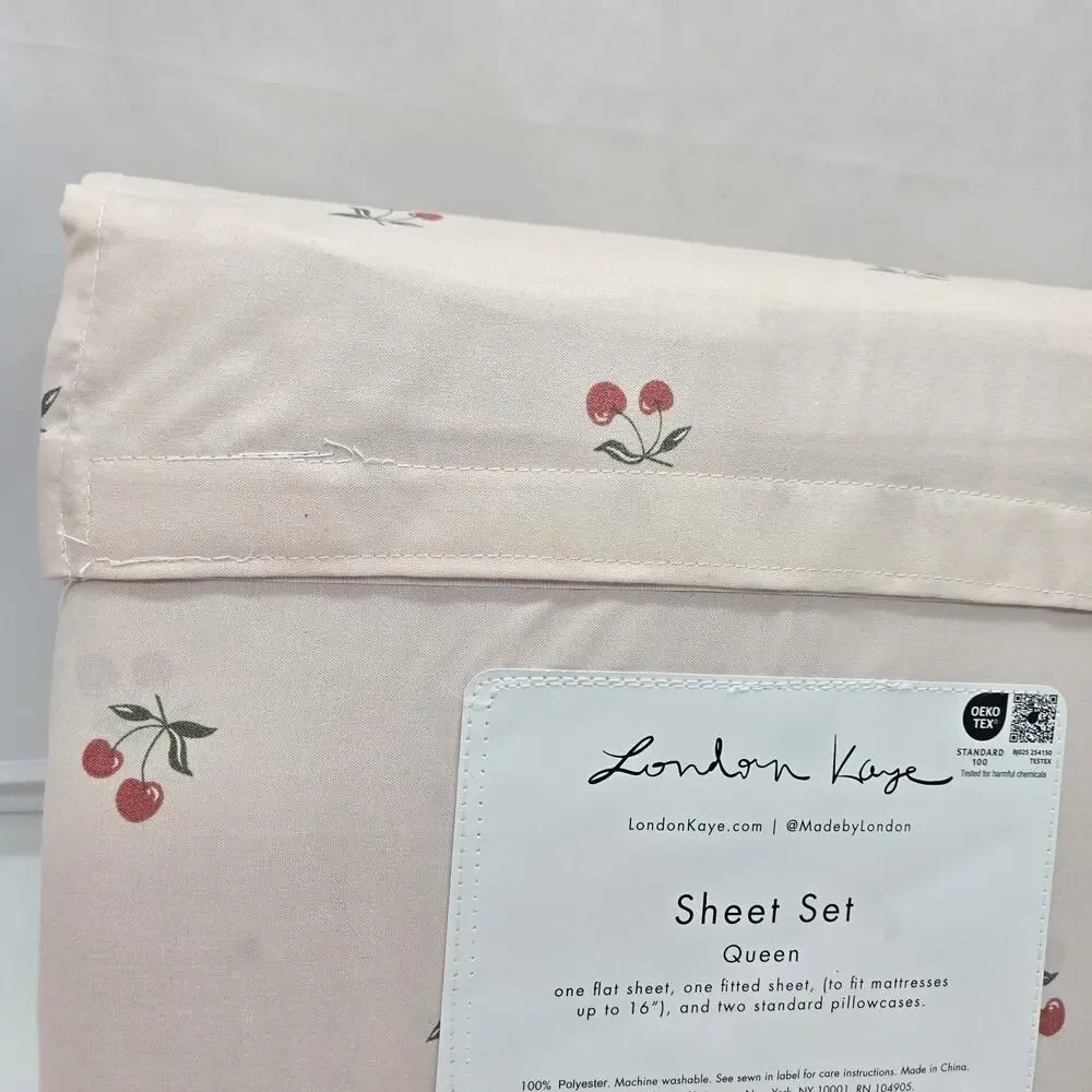 London Kaye QUEEN Sheet Set Cherries NEW! Coquette Tween Retro Retail $58